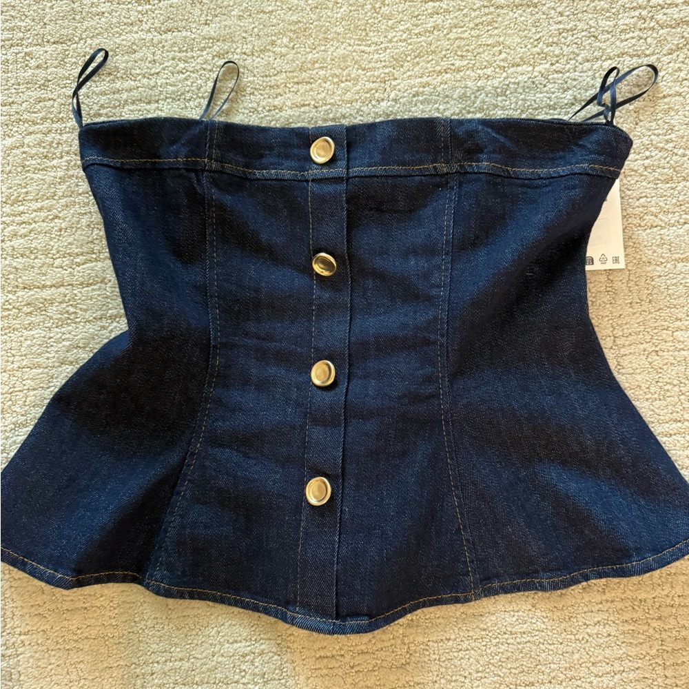 NWT Zara Black Label Denim Button-Front Strapless Peplum Top - Dark Blue